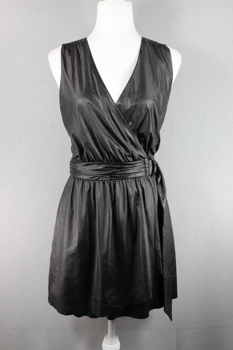 Ramy Brook Lily Faux Leather Wrap Dress Women's 0 Black Belted Pockets Mini